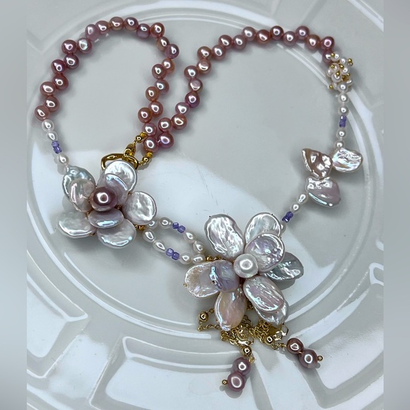 🔥🔥 Handmade Freshwater Baroque Coin Edision Pearl Flower 🌺 🌺 Braided Necklace - Picture 2 of 4